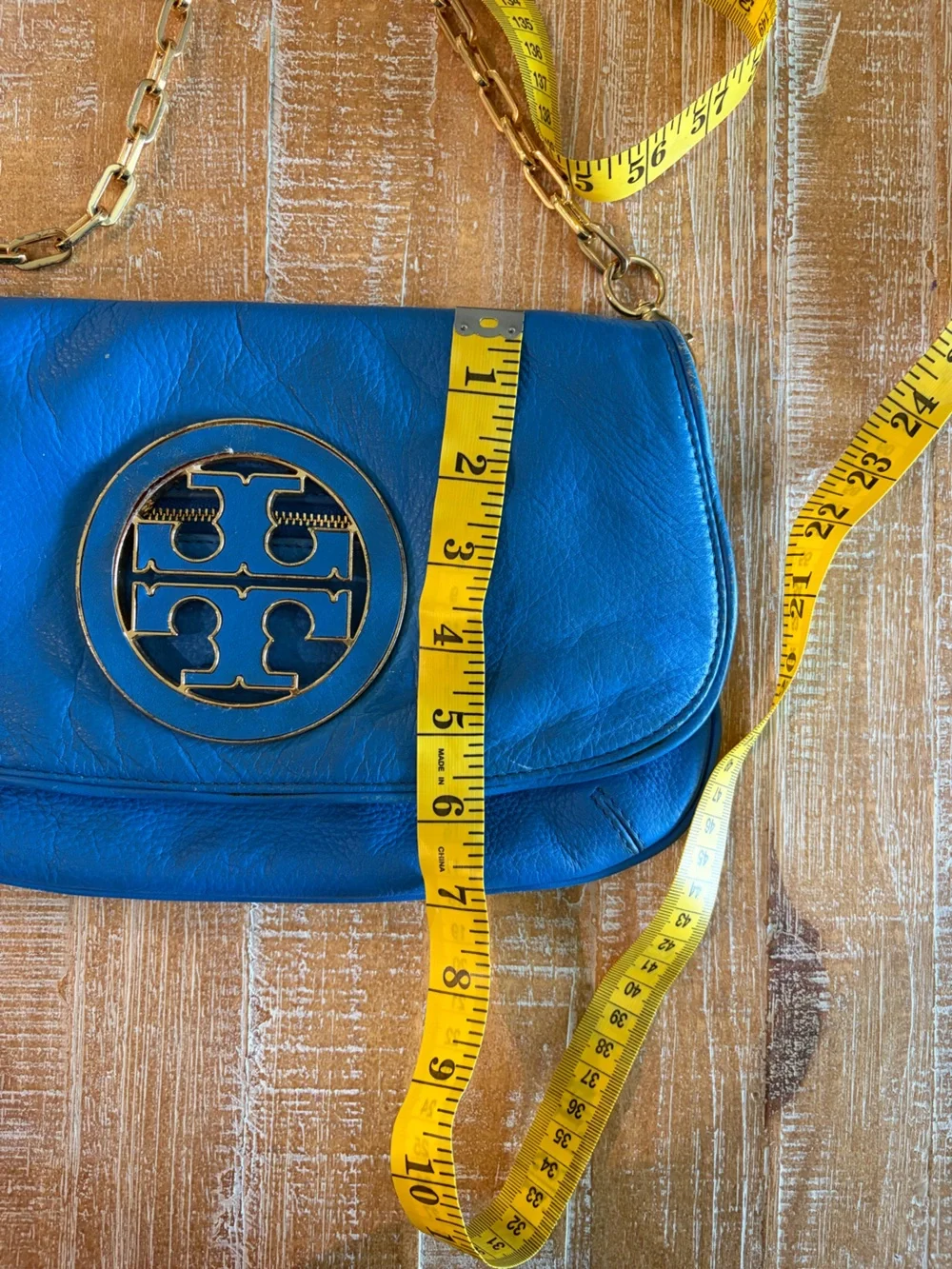 Tory Burch Amanda Foldover Messenger Bag Blue Leather Gold Chain Crossbody
